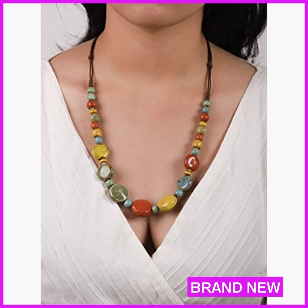 Boho Ceramic Bead Strand Necklace Adjustable Cord Vintage Bohemian Jewelry - Picture 6 of 6